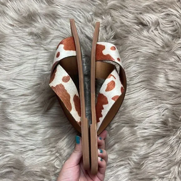 Very G Annie Seaside Cow Print Double Cross Strap Vegan Animal Fur Sandal Slides - Picture 8 of 9